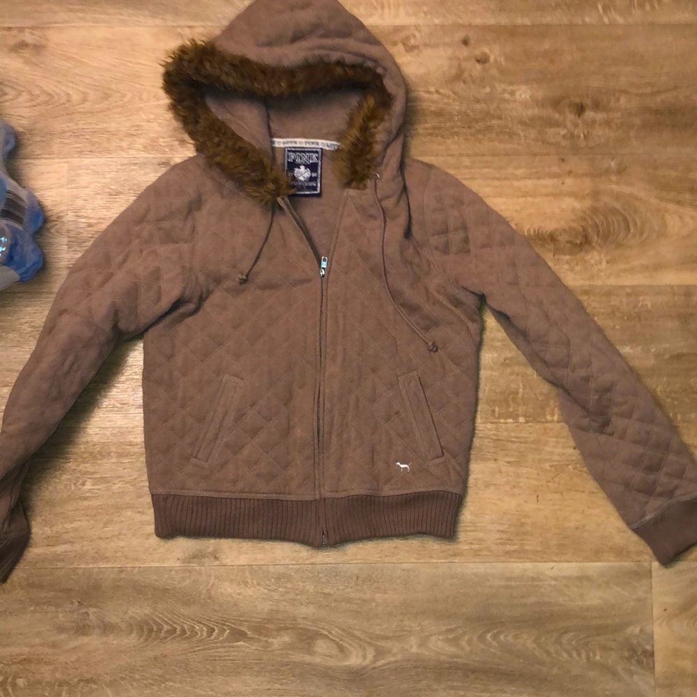 PINK Victoria's Secret Brown Quilted Jacket with Pink Logo